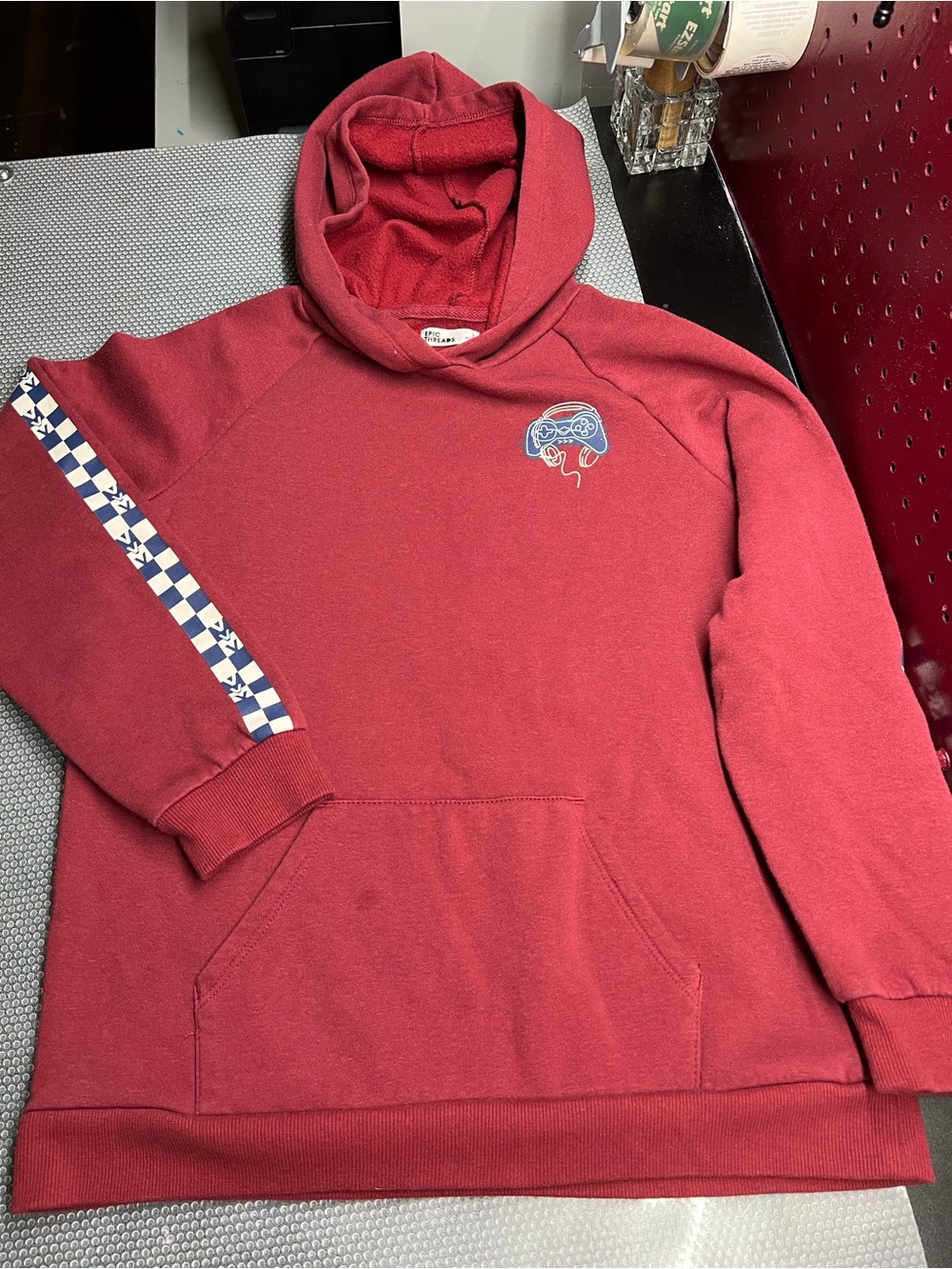 Kids Red Hooded Sweatshirt with Checker Sleeve Detail